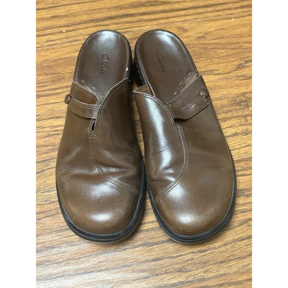 Clarks Women's Brown Leather Slip On Clogs Mules 10M 74516 Pre-Owned Vintage - Picture 1 of 8